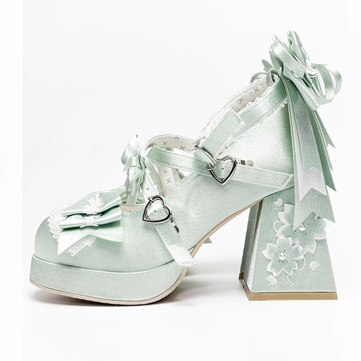Jane Block Motif in Fastener Heart with Blossom Heel Green Bow Satin High Sweet Accents Shoes Cherry Mary Loltia