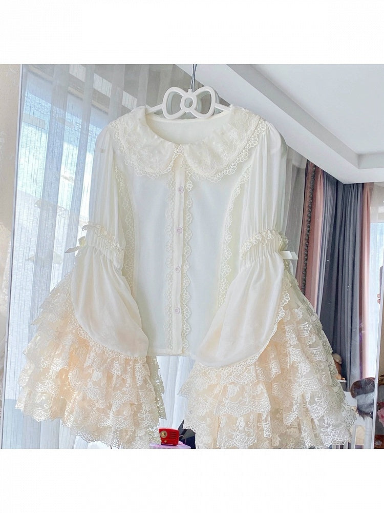 Beige Tiered Lace Bell-Sleeve Chiffon Blouse - Qian Mu