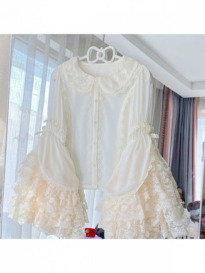 Beige Tiered Lace Bell-Sleeve Chiffon Blouse - Qian Mu