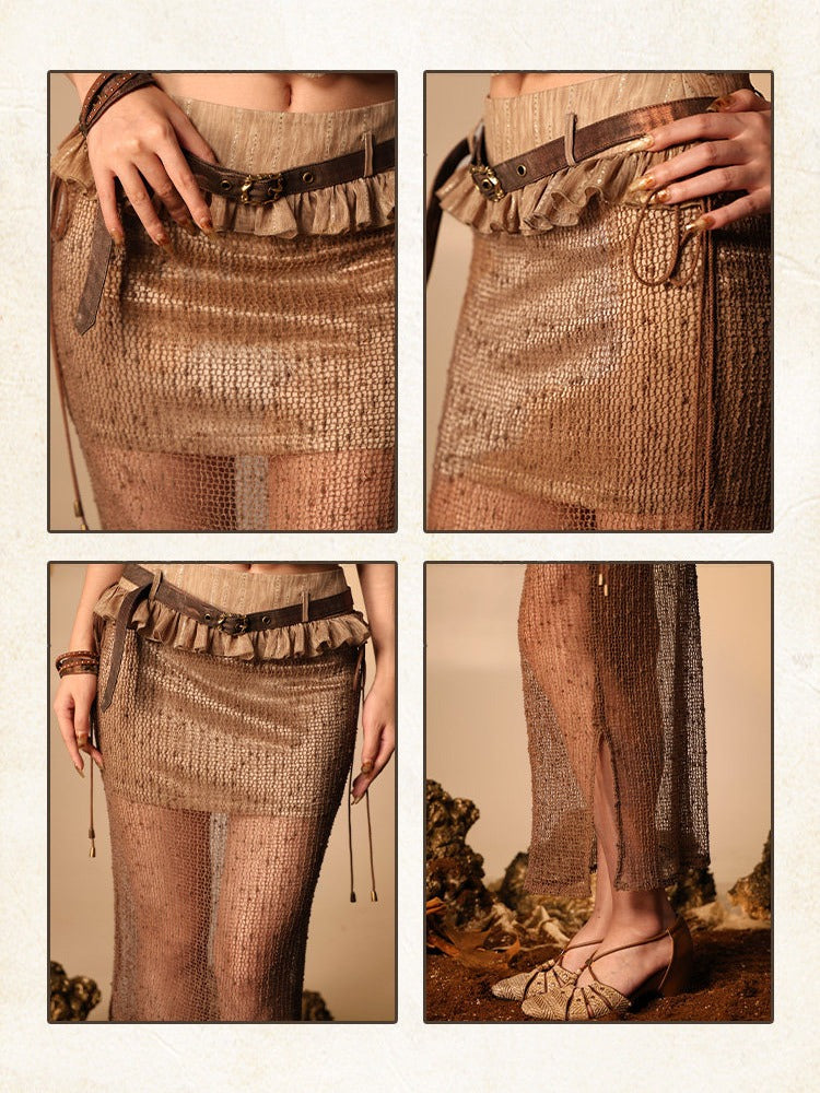 Brown Bodycon Skirt with Mesh Overlay and Belt - Virtual Orbit