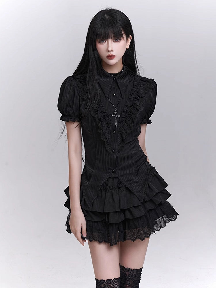 Bloomers Schwarz Elastische Taille Spitzenbesatz Mini Stufenrock Futter