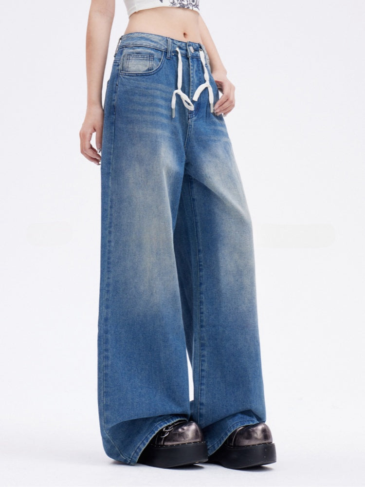 Niedrige Vintage Wide-Leg Jeans Länge Kordelzug Boden Blau Taille
