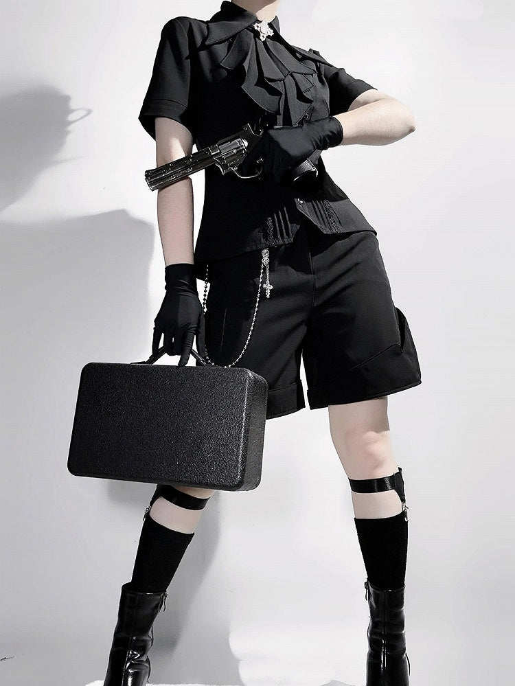 ジャボ ロリータ カラー ブラック フォールドオーバー ショート ファッション スリーブ シャツ 尖った王子