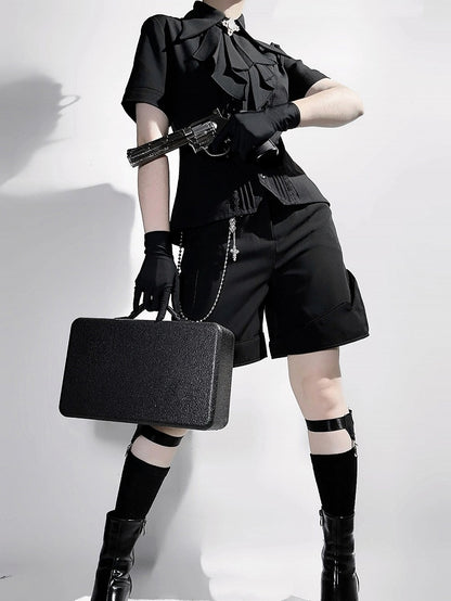 ジャボ ロリータ カラー ブラック フォールドオーバー ショート ファッション スリーブ シャツ 尖った王子