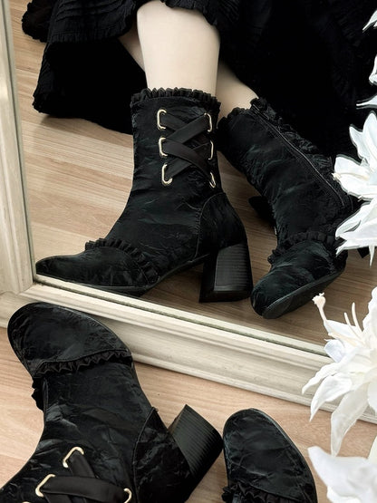 Black Lace-Up Elegant Round Toe Ankle Boots with Removable Bow Accents - Magic Peach