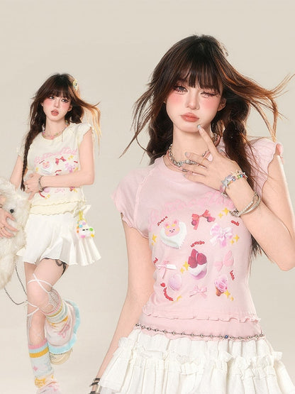 Glamorous Dessert Print Ruffled T-shirt Sweet Trim Pink/Apricot