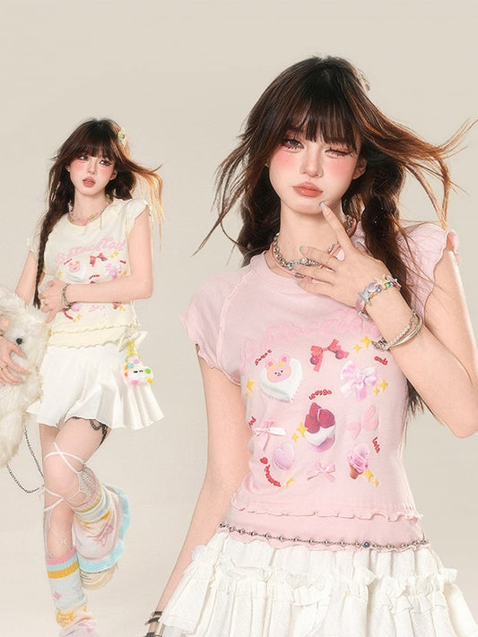 Glamorous Dessert Print Ruffled T-shirt Sweet Trim Pink/Apricot