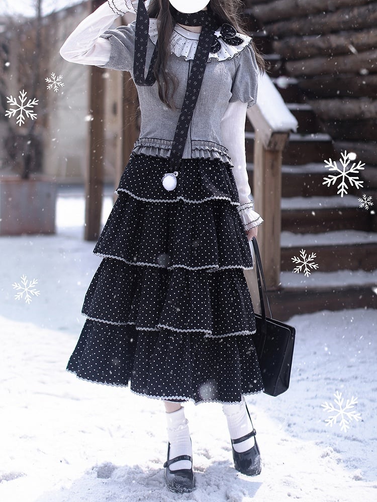 Front Button Sleeves Ruffle Polka Top: Collar Gray Dot with Juliette Kitten Aesthetic