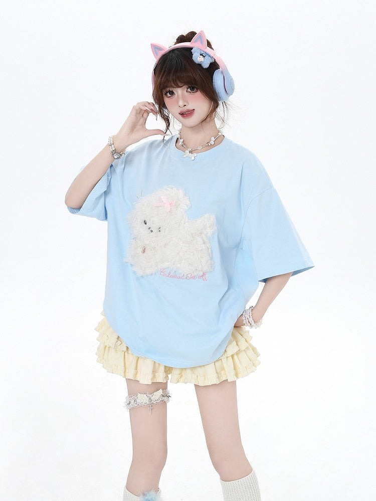 Black/Light Blue/Light Gray Plush Puppy Applique Loose T-Shirt