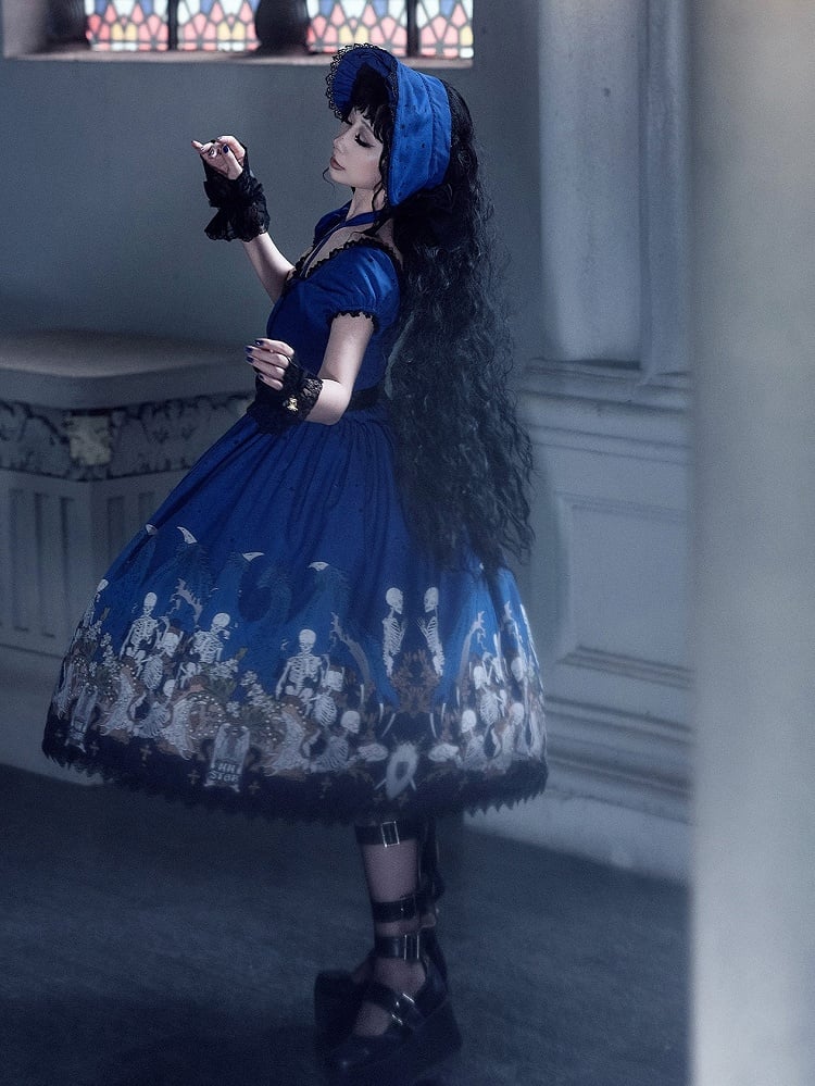 Cross Trim Black Gothic Skeleton Dress and Lace Lolita with Print Blue