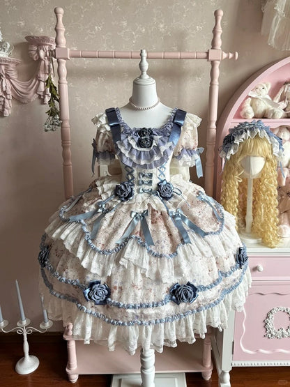 Puffy Rose Dress Hime with Lolita Accents Blue Multi-Layered Dark Ruffle