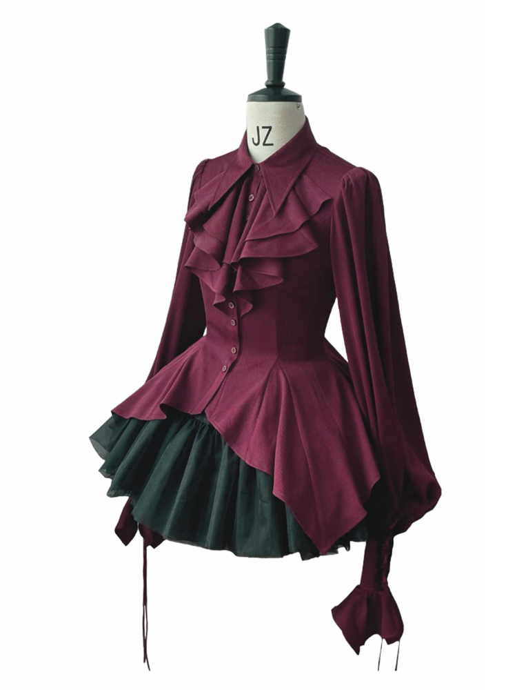 Red Gothic Ouji Lolita Irregular Flounce Hemline Pointed Collar Long-Sleeve Shirt