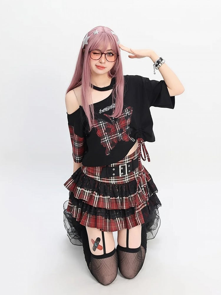 Red Butterfly Applique Black Asymmetrical Neckline T-Shirt Y2K Plaid