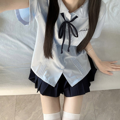 Style Short Preppy Pan White/Blue Peter Shirt Sleeves Version Pleating Details Collar