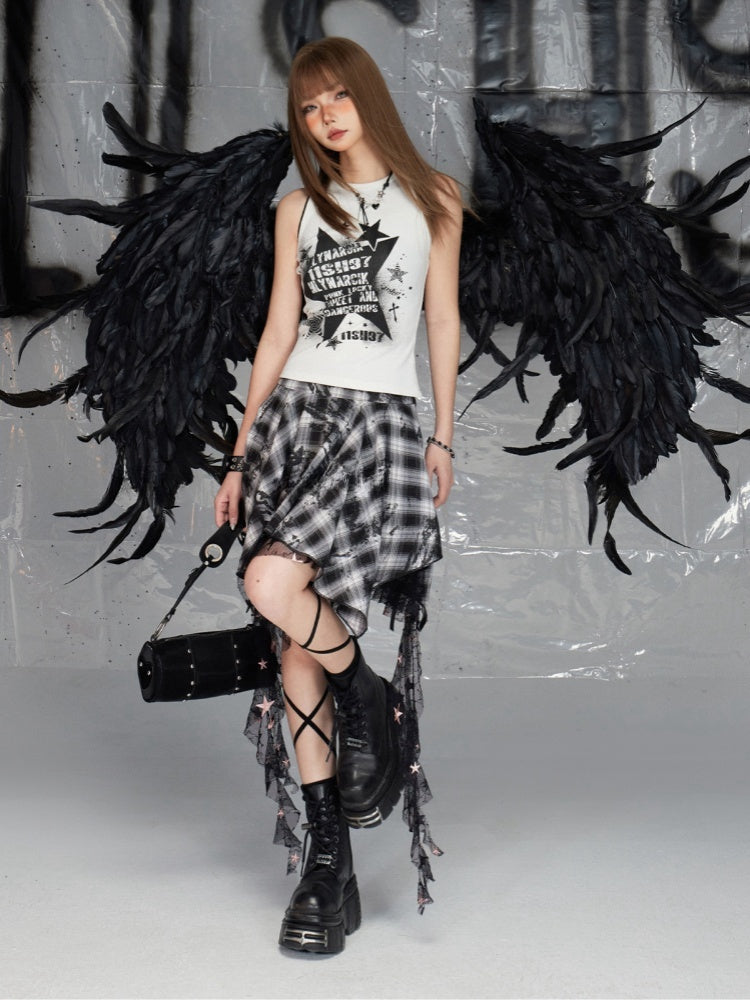 Y2K Mesh Handkerchief Black and White Plaid Hem Glamorous Skirt