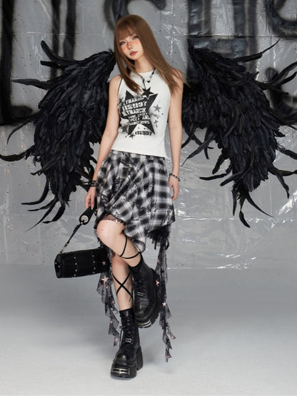 Y2K Mesh Handkerchief Black and White Plaid Hem Glamorous Skirt