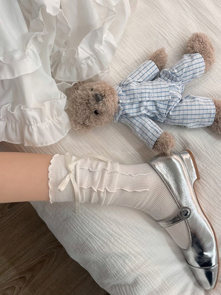 Trim White/Black Calf Decorated Side Ruffled with Socks Ruched Bow