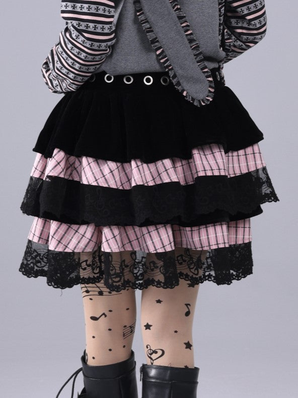 Black & Pink Striped Tiered Skirt with Musical Note Lace Trim - Hime Gyaru Style