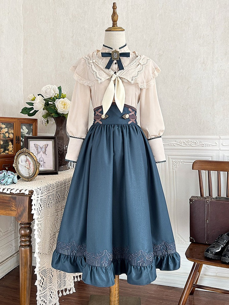 Preppy Beige & Blue Bow Lolita Blouse + High-Waist Skirt + Cape Ensemble - Xiong Dou Jiang