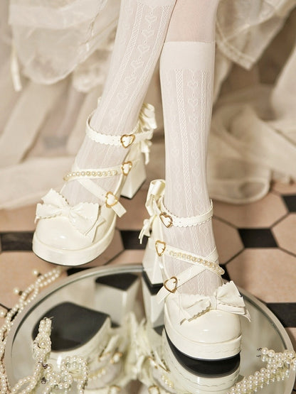Plateau Mary Block mit überkreuzten Riemen - Janes Heel Schnalle High Sweet Lolita Weißes Herz Perlen