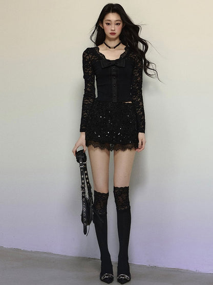 Black Bowknot Details Lace Sleeves V-neck Knit Top