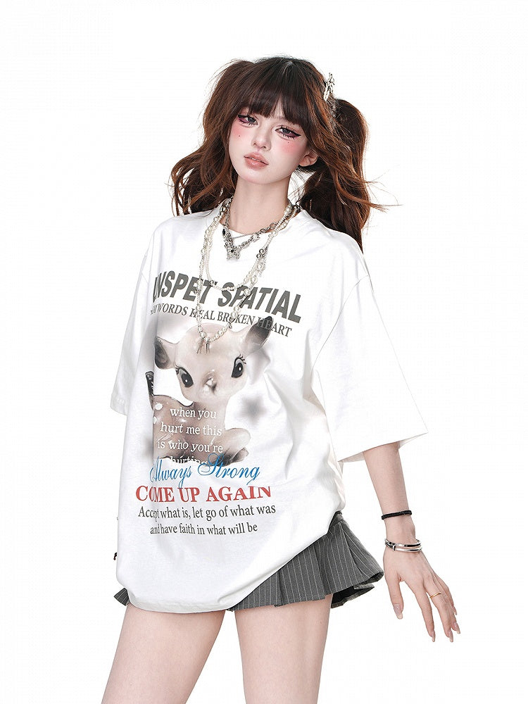 Gray/White Crew Neck Cartoon Deer Print Loose T-shirt