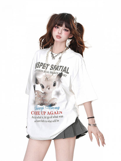 Gray/White Crew Neck Cartoon Deer Print Loose T-shirt
