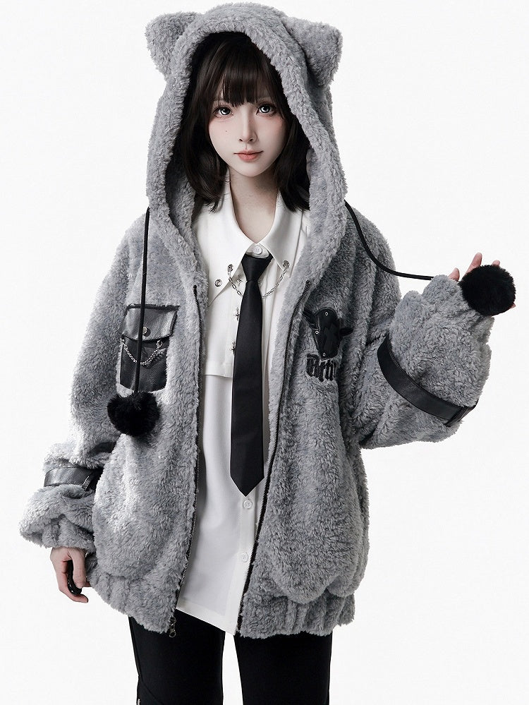 Hooded Pompon Ear Charm Jacket - Grey Plush Kitty