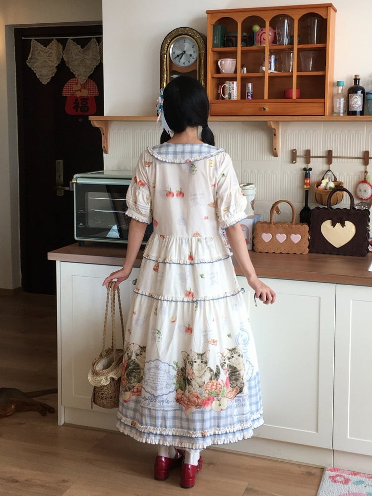 Sweet Puff Sleeve Cat and Apple Print Cotton OP Dress in Short or Long Length
