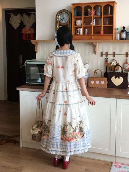 Sweet Puff Sleeve Cat and Apple Print Cotton OP Dress in Short or Long Length