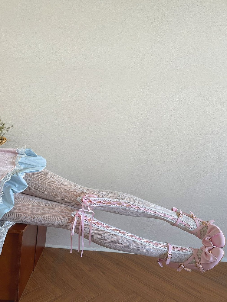 Muster Floral Weiß Design Hohl-out Strumpfhosen Schnürung Mit Rosa