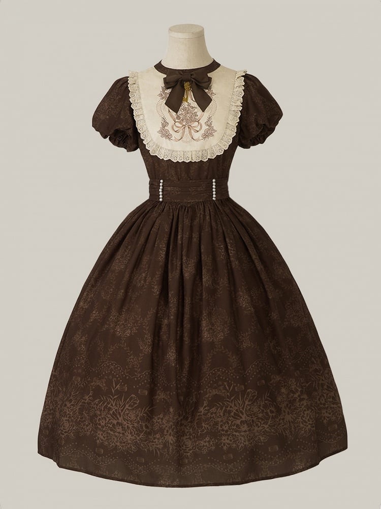 Bodice Lolita Long and Classic Floral Brown One Piece Embroidery Version Bowknot