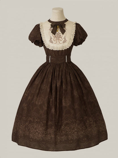Bodice Lolita Long and Classic Floral Brown One Piece Embroidery Version Bowknot