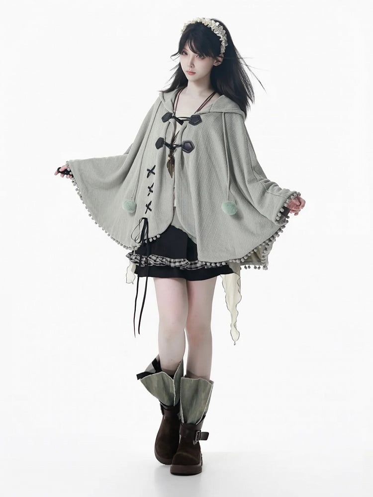 Accents Lace-Up Pom-Pom with and Kei Hooded Design Green Dusty Cape Mori
