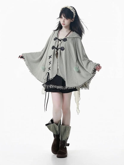 Accents Lace-Up Pom-Pom with and Kei Hooded Design Green Dusty Cape Mori