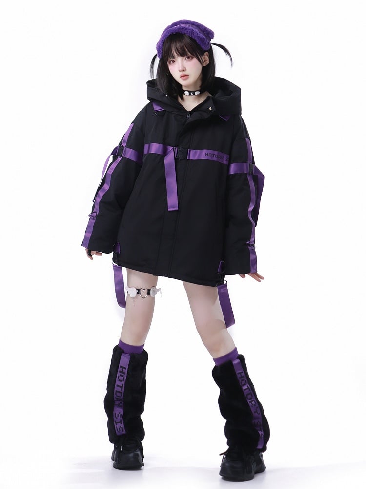 Jacket Purple Cyberpunk - Puffer with Tactical Jirai Straps Black Base Kei