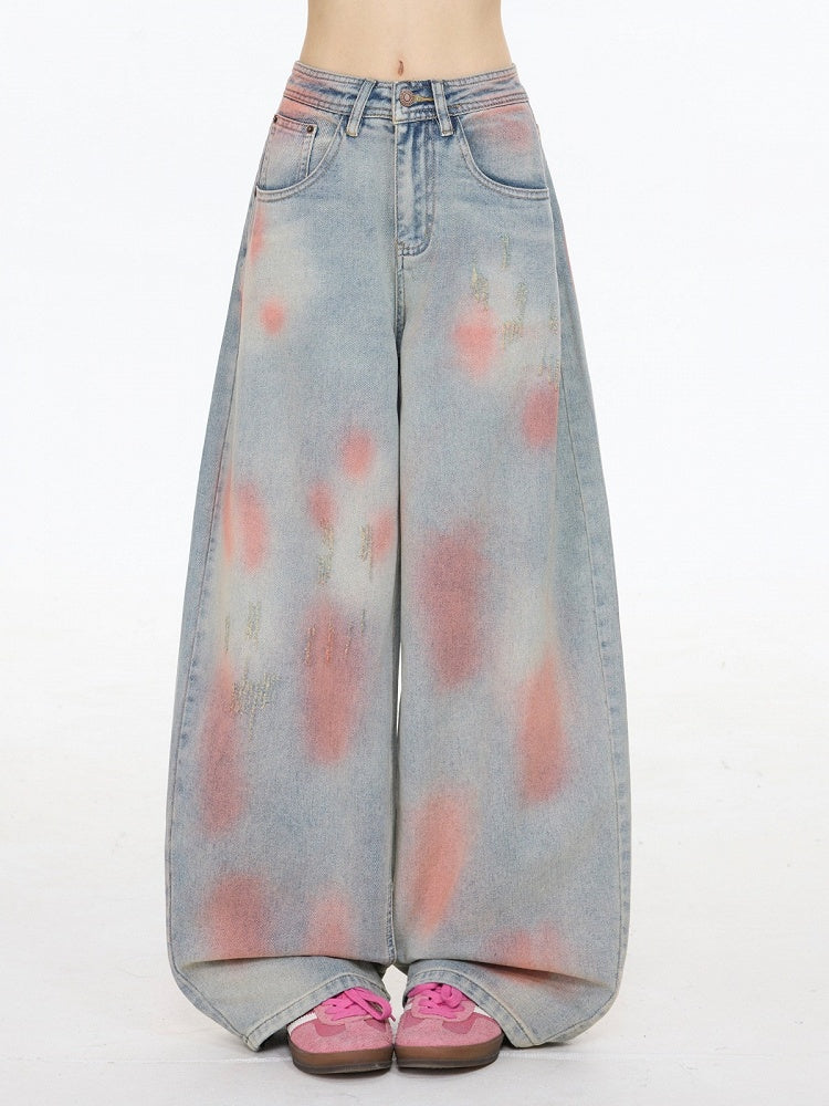Casual Kawaii Wide-Leg Jeans with Pink Spray Print