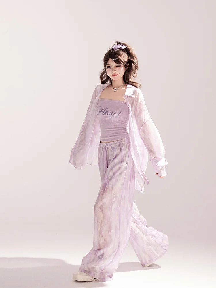 Light Waist Wide-leg Casual Loose Shirt / Pants Purple Drawstring