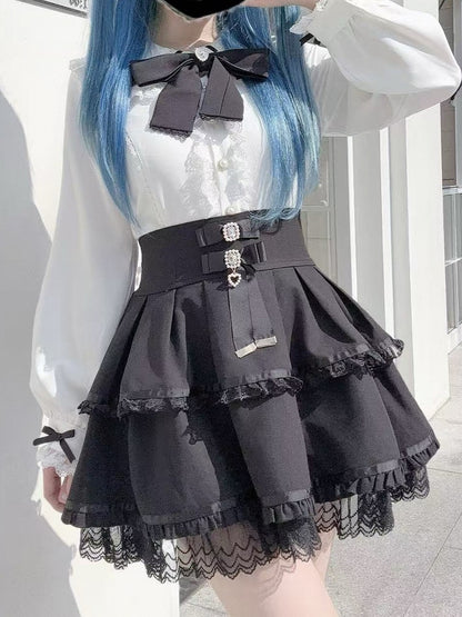 Bunny-Ear Collar Blouse White Back with Black Lace | Jirai Bow Contrast Trimmed Kei