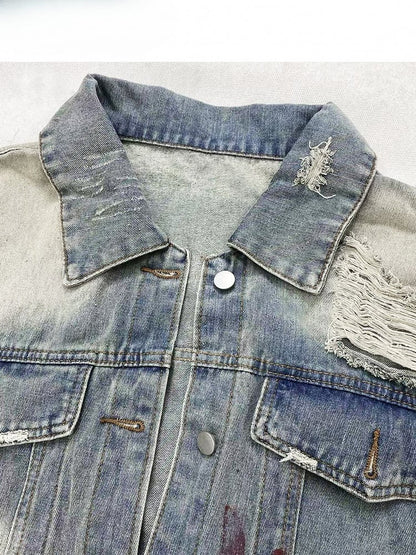 Design Jacke Löcher Distressed Details Blau Print Light Denim
