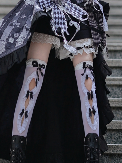 Black Cutout Accents Bow White with Ruffle Trim Stockings
