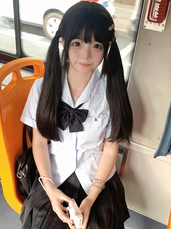 Short Sleeves Preppy Style Uniform Shirt Blue/Gray/Green Striped JK Pattern