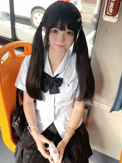 Short Sleeves Preppy Style Uniform Shirt Blue/Gray/Green Striped JK Pattern