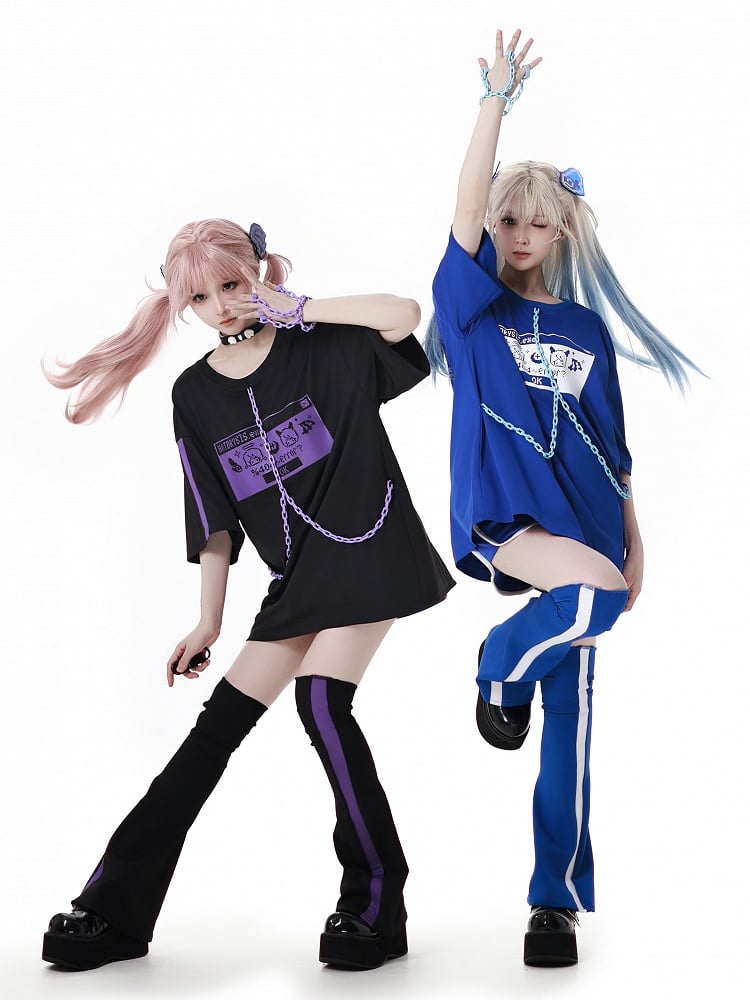 Purple with and Pixel Characters Print Chain Design Jirai Kei T-Shirt Ring Bracelet Finger Black