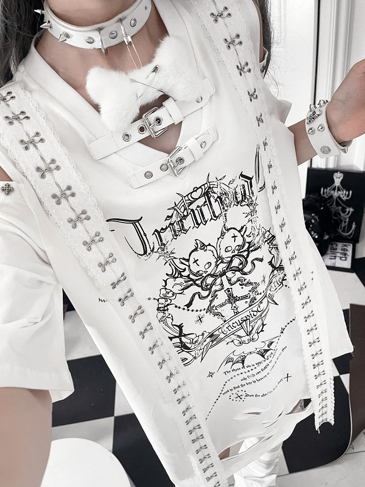 White Straps Short Trimmed Gothic Cutouts Shoulder with Sleeve Drop T-shirt Print Cross Lace Shoudler