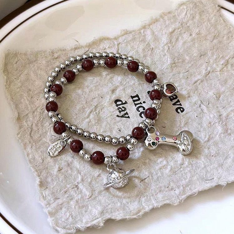 ホワイト/ブラック/レッド サトゥルナンド ボーンチャーム ビーズブレスレット