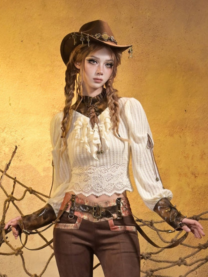 Top Knit PU Lacing Brown Steampunk Crisscross Collar + with White Cuffs