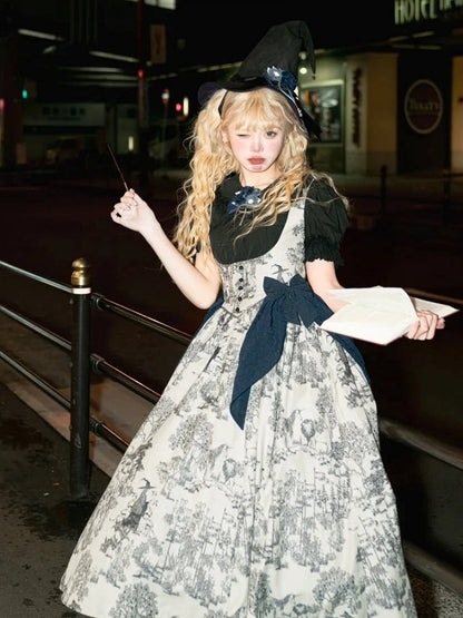 Wood Blue Skirt Dark White Bust Lolita Animals Boned Jumper Print and Basque Waist Under