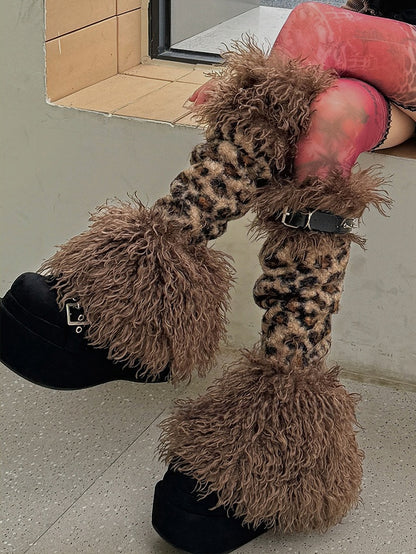 Brown Leopard Stud Buckle Straps Shaggy Leg Warmers