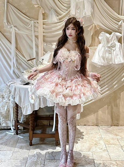 Rose Layered Lace Balletcore Accents Pink Beige Dress with